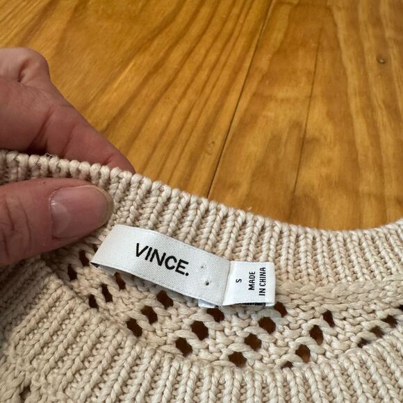 Vince Sweater Womens Small Open Knit Tunic Crochet Oatmeal Side Slit - Picture 6 of 10